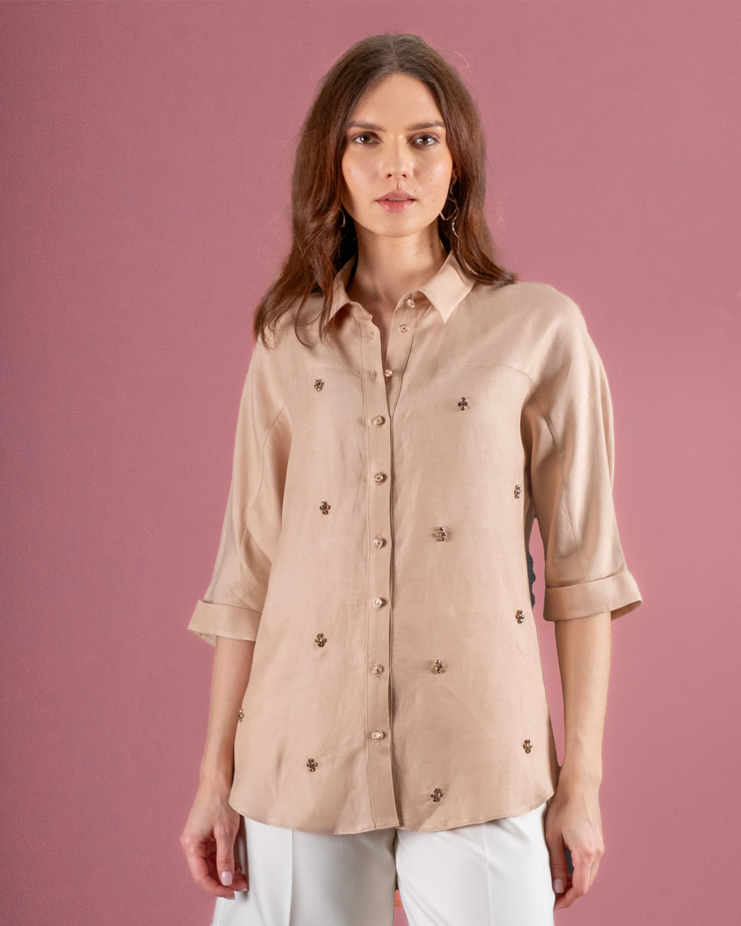 Taş İşlemeli Önü Düğmeli Kısa Kollu Gömlek