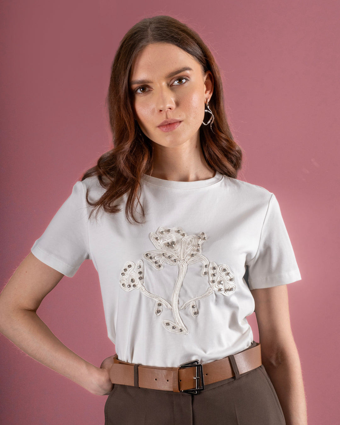 Round Neck Stone Embroidered T-Shirt