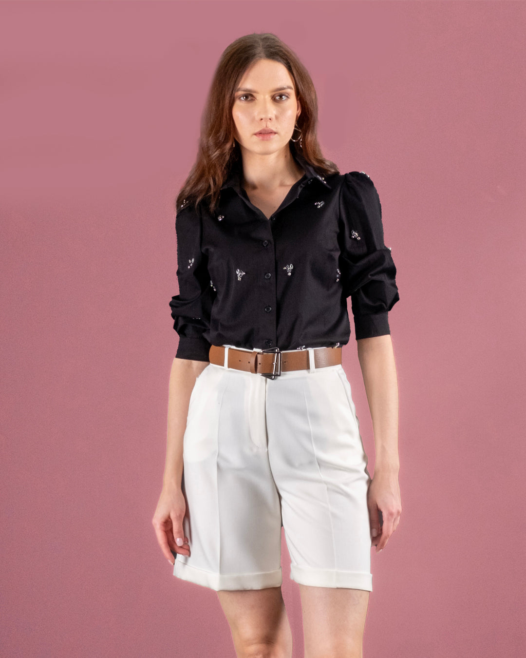 Gömlek Yaka Taş Detaylı Önü Düğmeli Gömlek