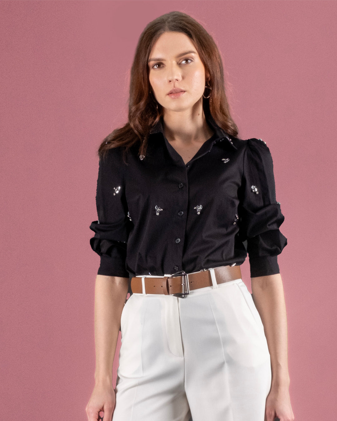 Gömlek Yaka Taş Detaylı Önü Düğmeli Gömlek