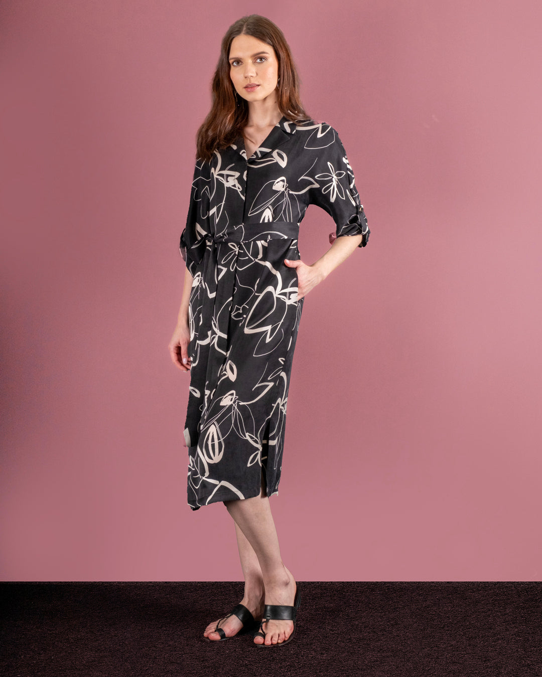 Shirt Collar Sleeves Epaulette Detailed Dress with Buttons on the Front and a Belted Waist