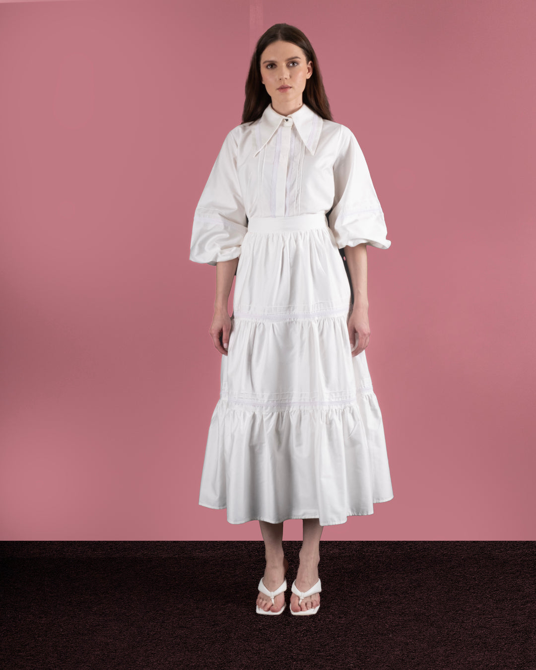 Buttoned Front Shirt with Elastic Sleeves - Ruffle Skirt Set