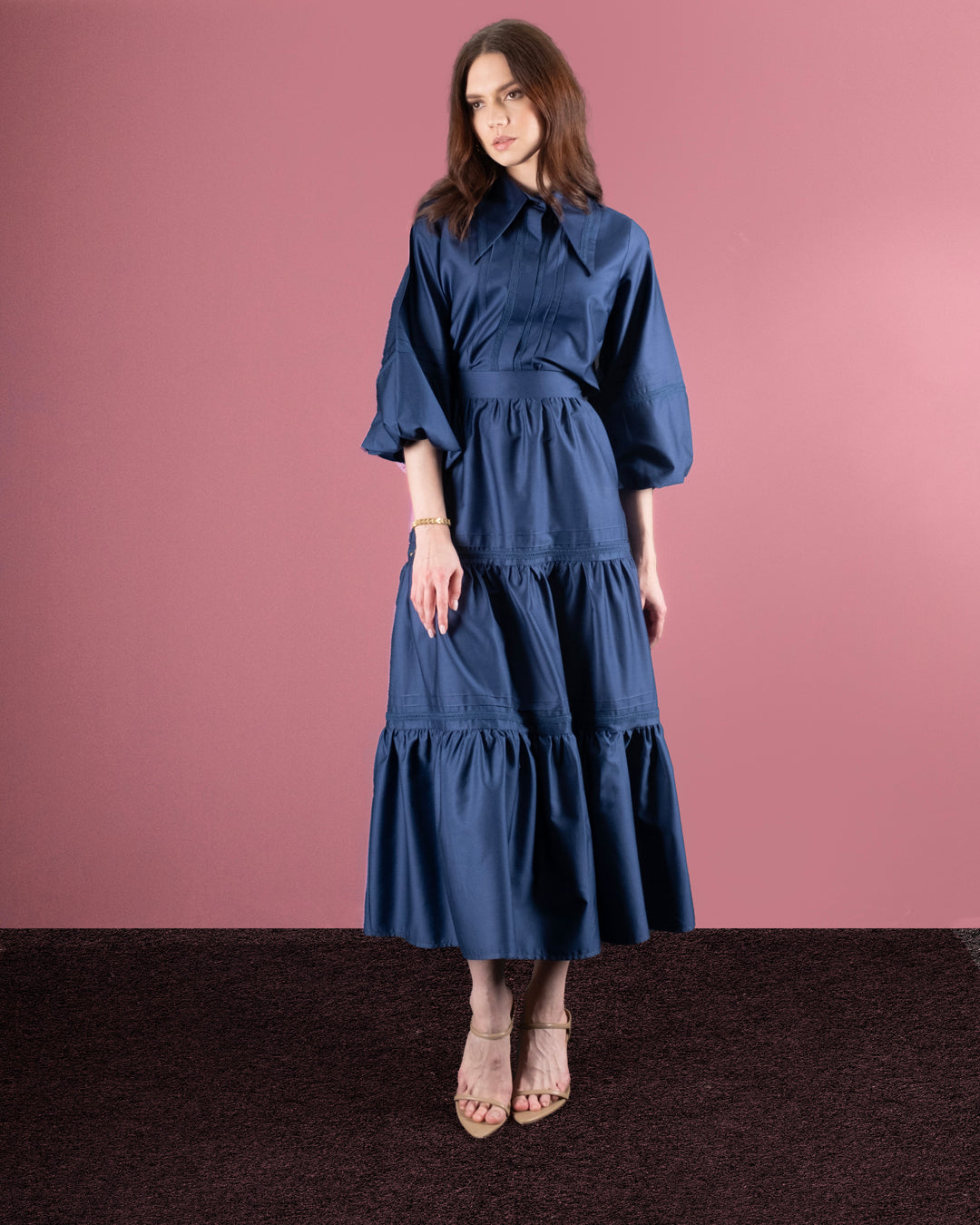 Buttoned Front Shirt with Elastic Sleeves - Ruffle Skirt Set