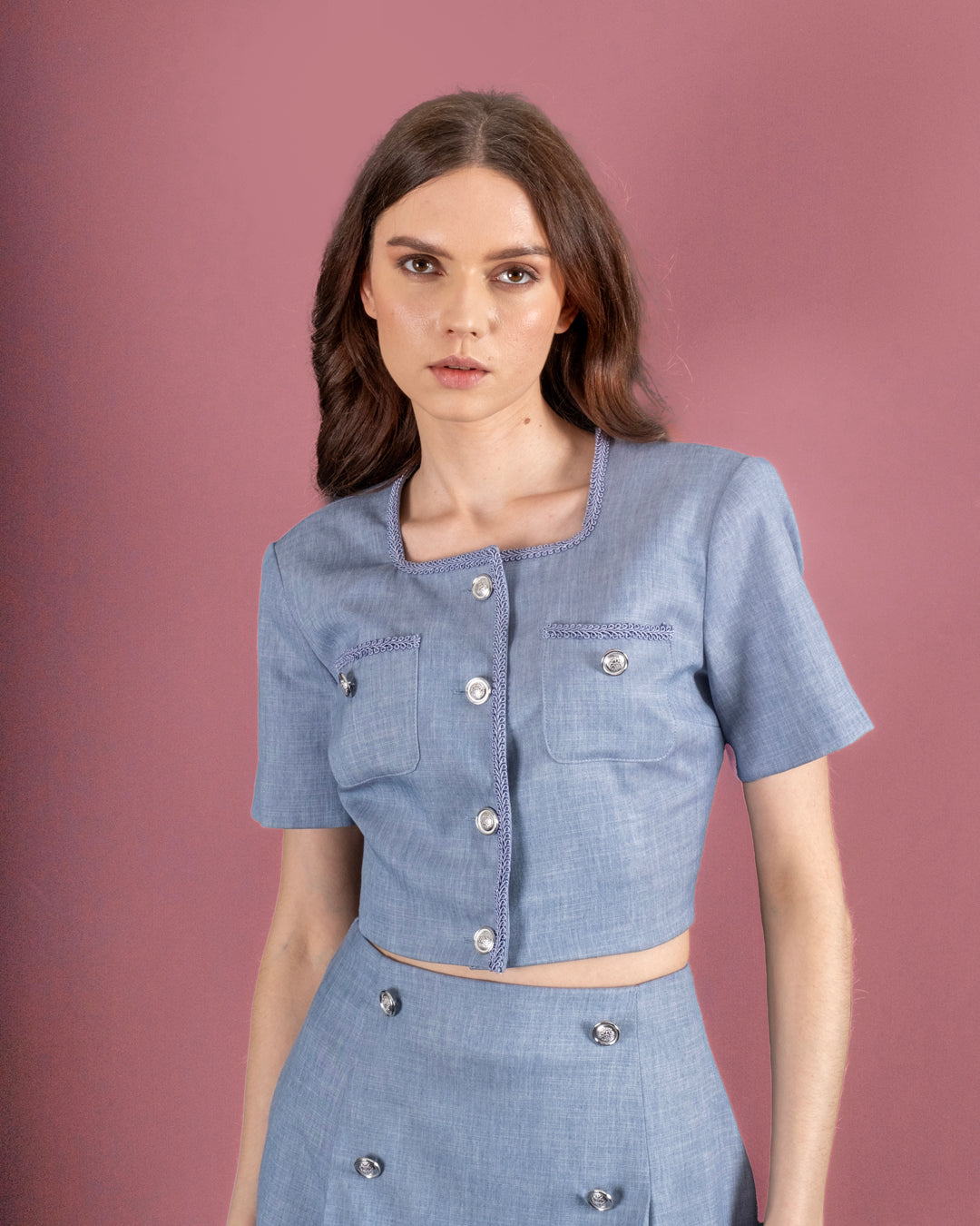 Button Detailed Crop Jacket-Skirt Set with Embroidered Collar