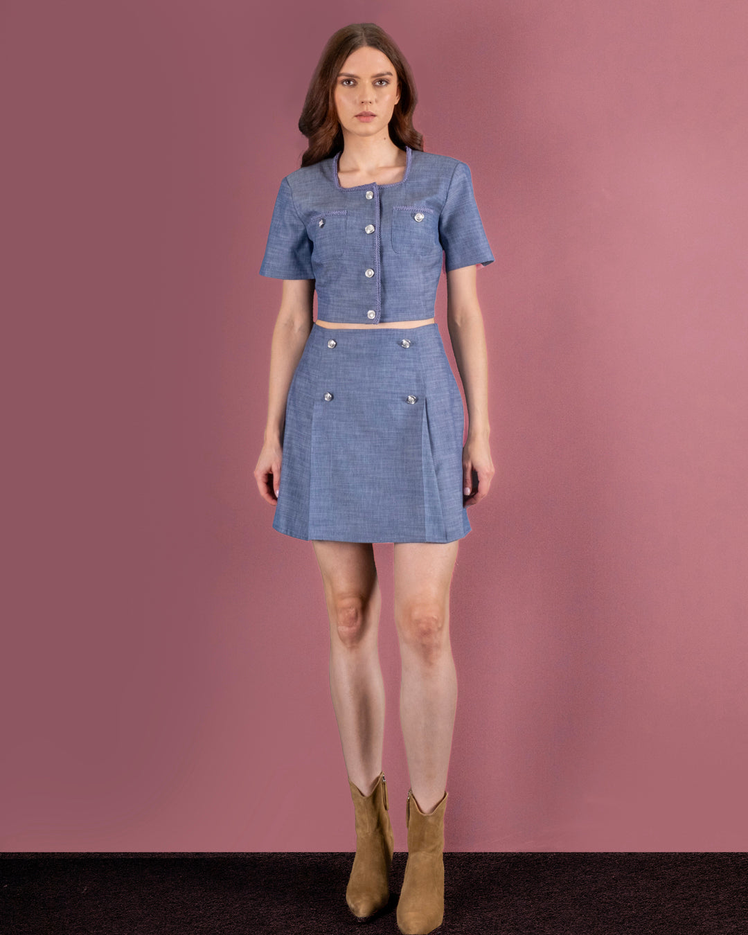 Button Detailed Crop Jacket-Skirt Set with Embroidered Collar