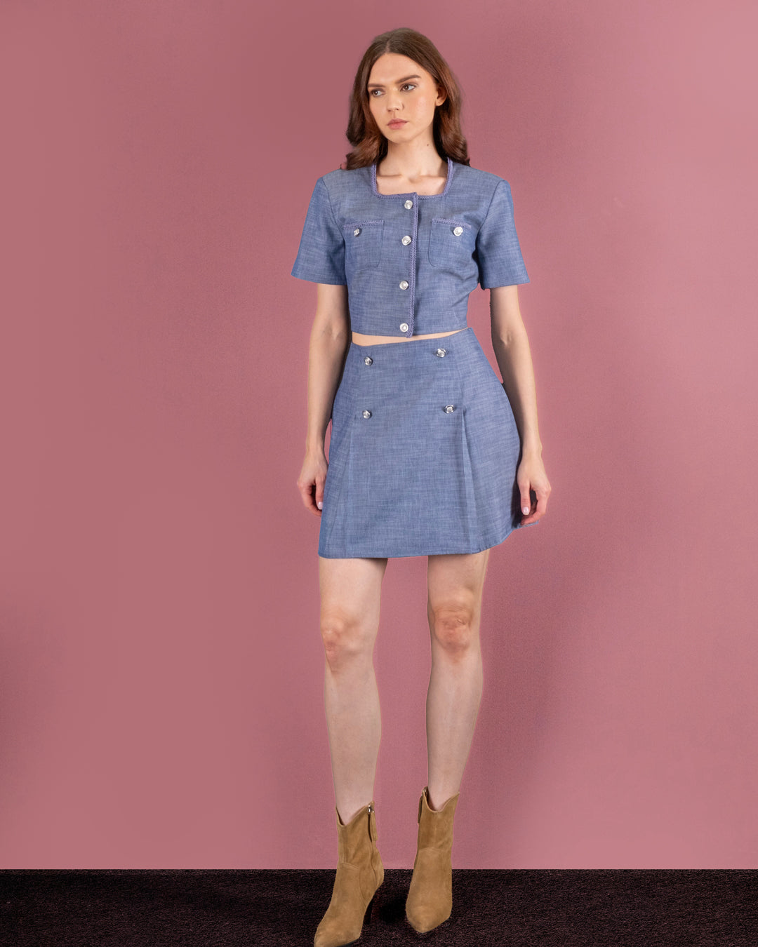Button Detailed Crop Jacket-Skirt Set with Embroidered Collar