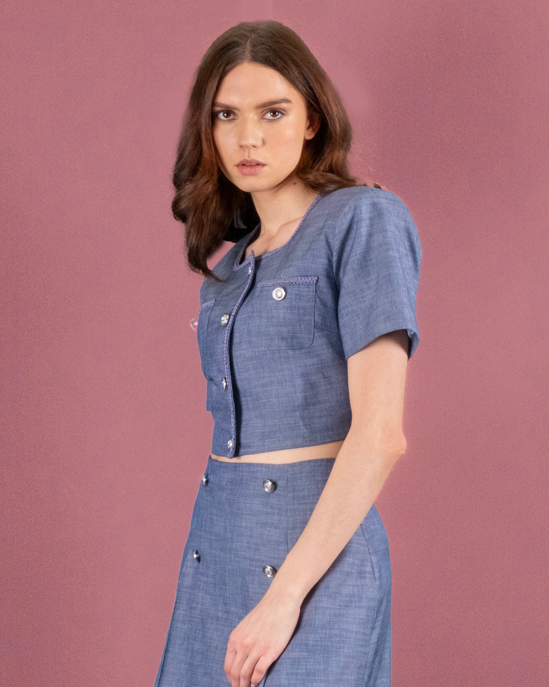 Button Detailed Crop Jacket-Skirt Set with Embroidered Collar