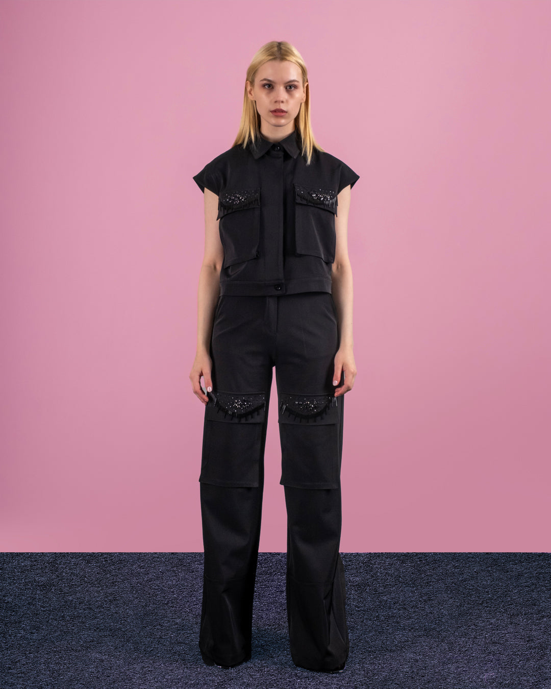 Gömlek Yaka Boncuk İşlemeli Yelek-Pantolon Takım