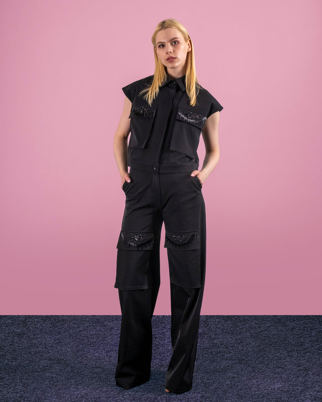 Gömlek Yaka Boncuk İşlemeli Yelek-Pantolon Takım