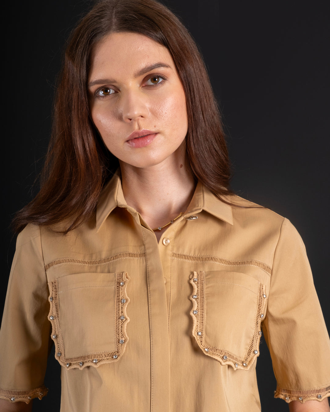 Shirt Collar Blouse with Stone Detailed Pockets - Skirt Set