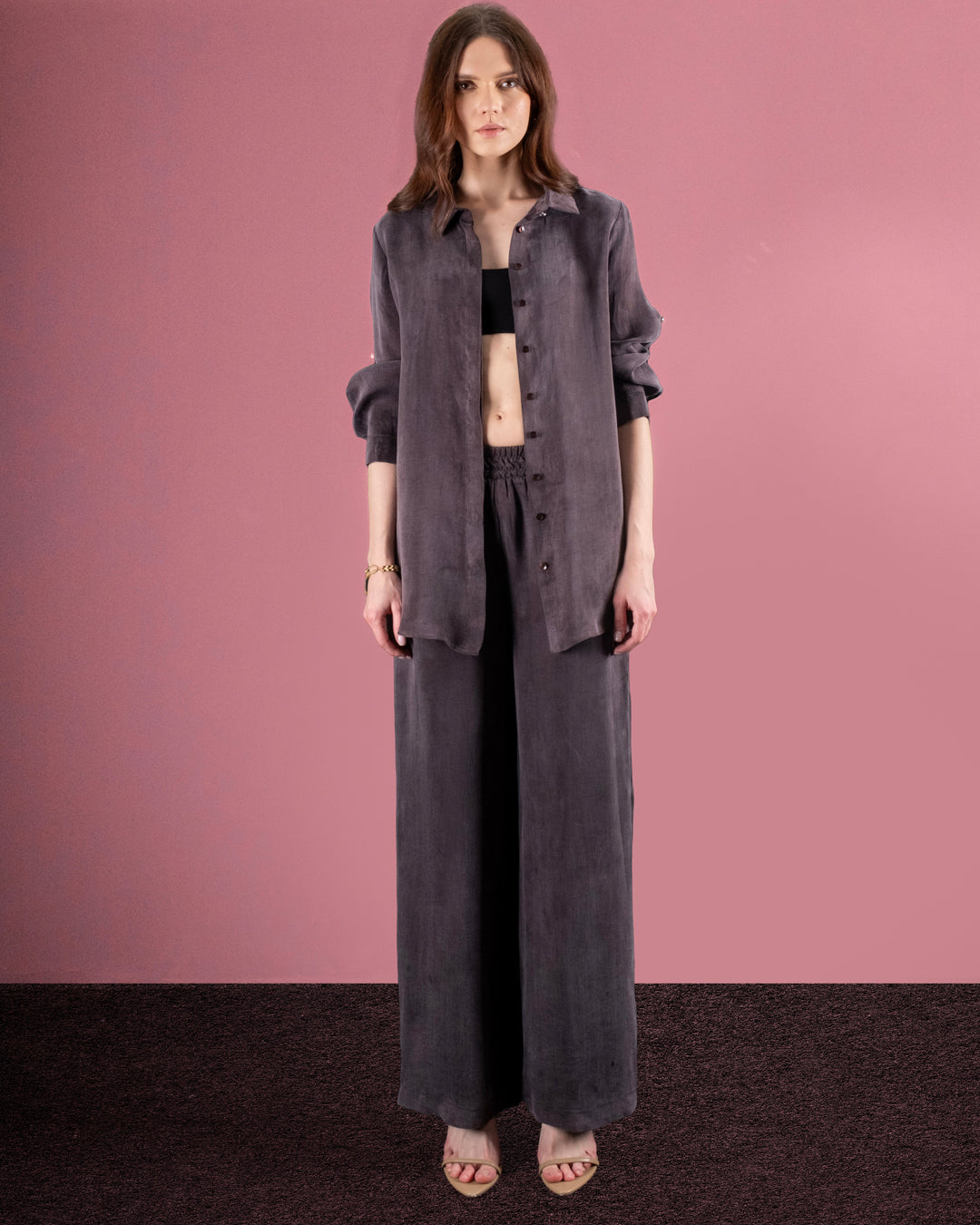 Önü Düğmeli Kemerli Gömlek- Beli Lastikli Pantolon Takım