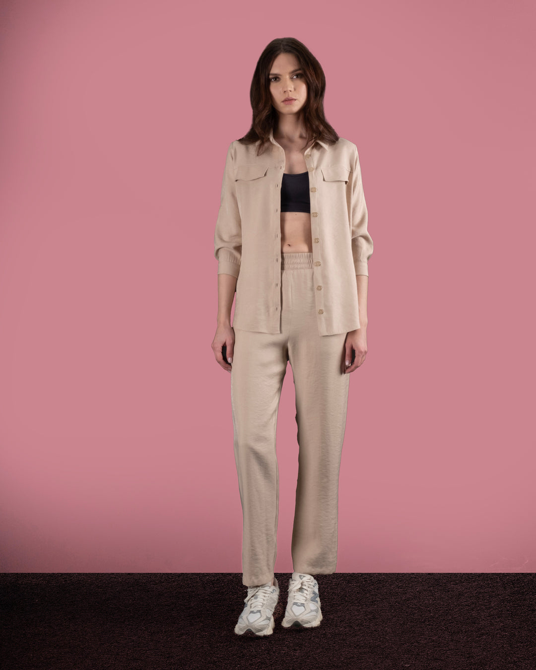 Gömlek Yaka Önü Düğmeli Bluz-Beli Lastikli Pantolon Takım