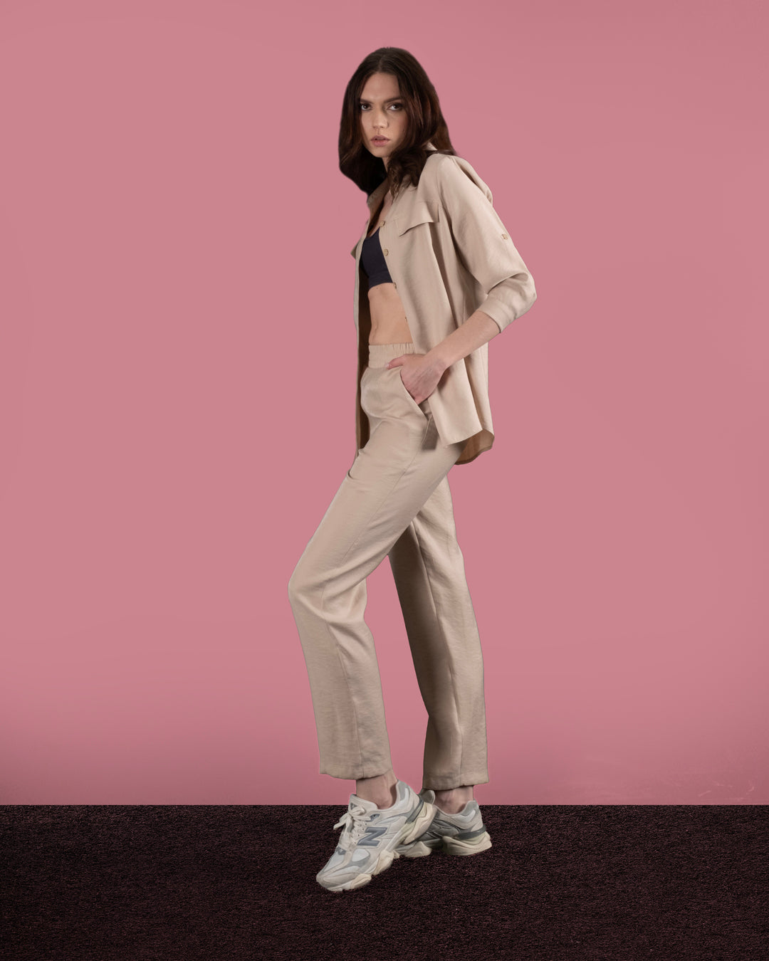 Gömlek Yaka Önü Düğmeli Bluz-Beli Lastikli Pantolon Takım