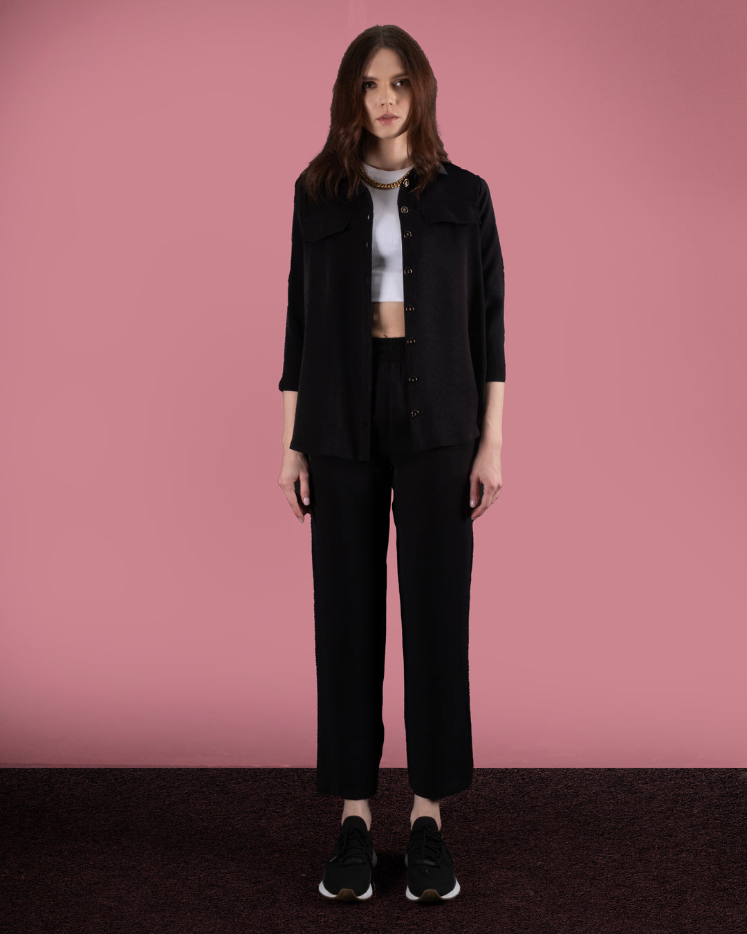 Gömlek Yaka Önü Düğmeli Bluz-Beli Lastikli Pantolon Takım