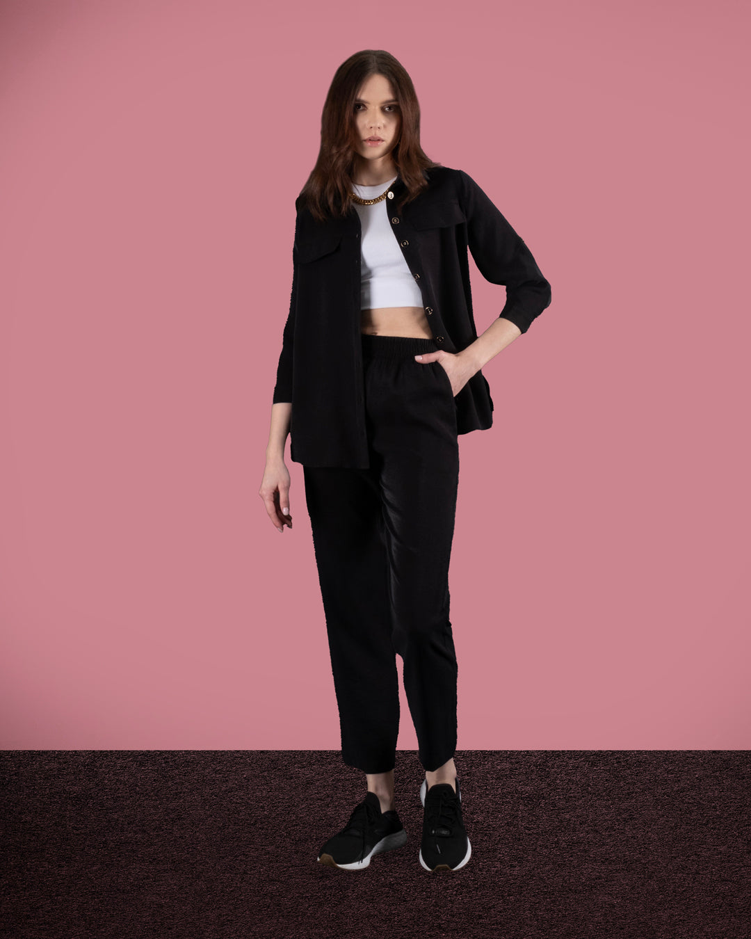 Gömlek Yaka Önü Düğmeli Bluz-Beli Lastikli Pantolon Takım