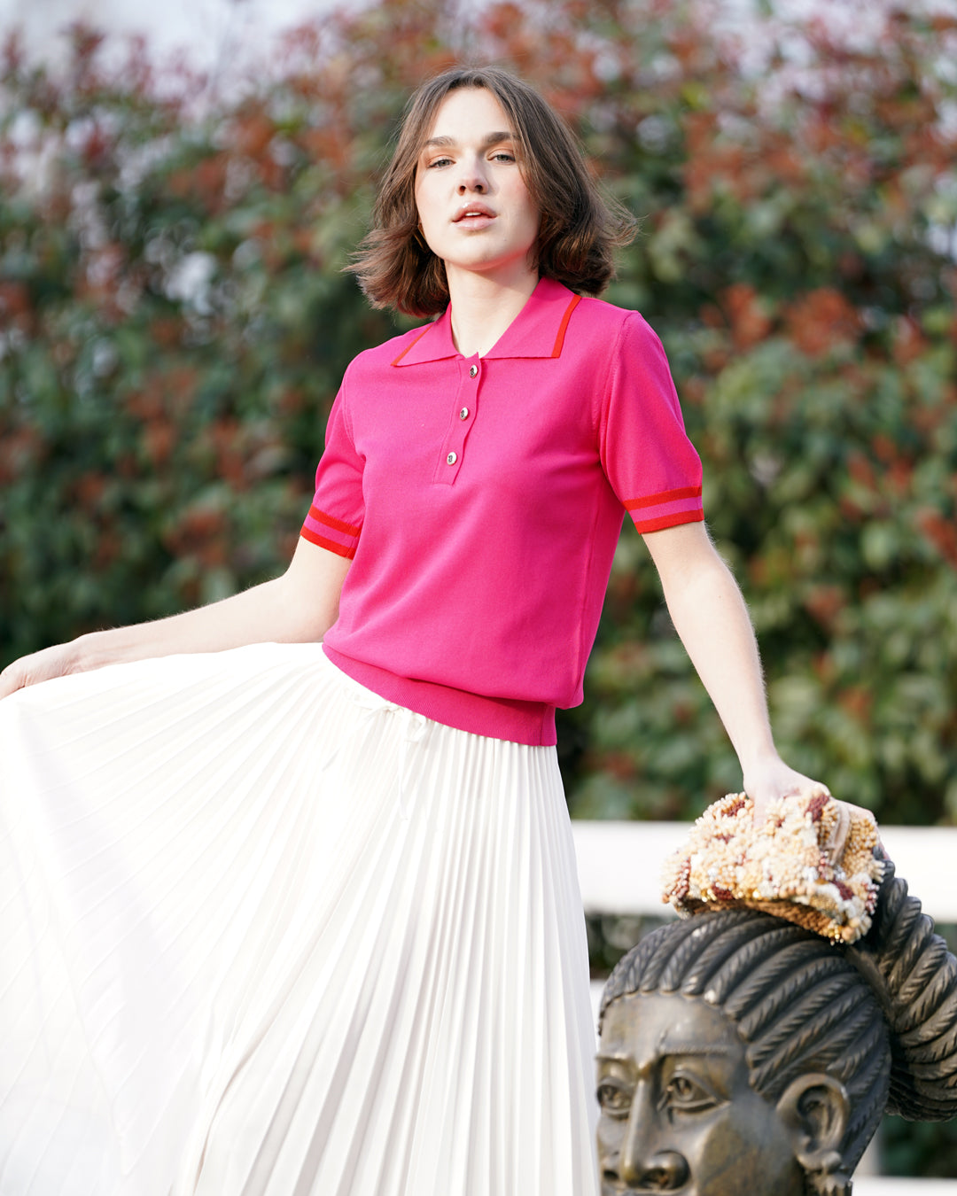 Polo Neck Button Front Short Sleeve Fine Knit Blouse