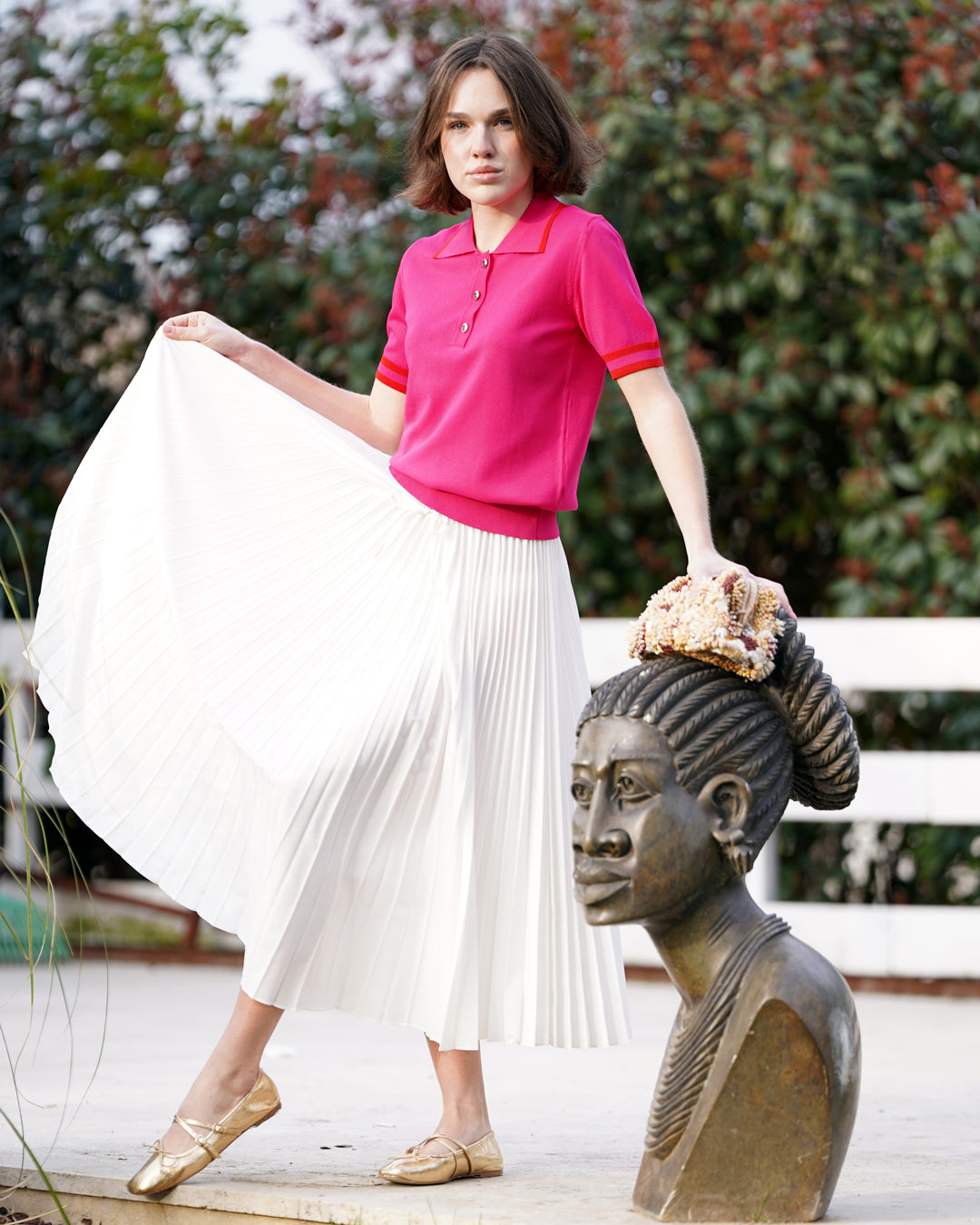 Polo Neck Button Front Short Sleeve Fine Knit Blouse