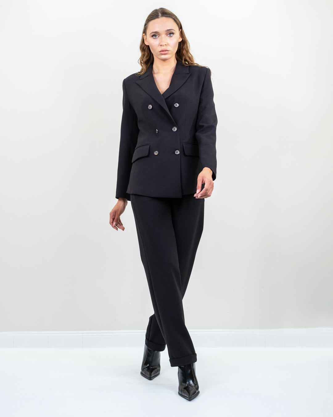 Kruvaze Yaka Düğme Detaylı Ceket - Pantolon (Beli Lastikli) Takım