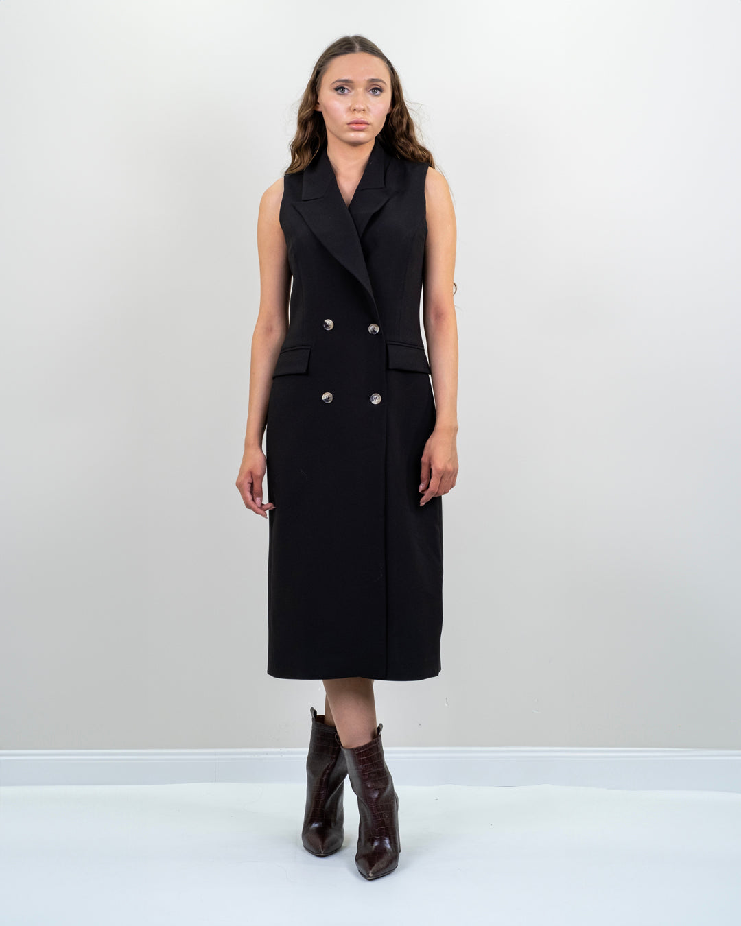 Kruvaze Yaka Düğme Detaylı Uzun Yelek