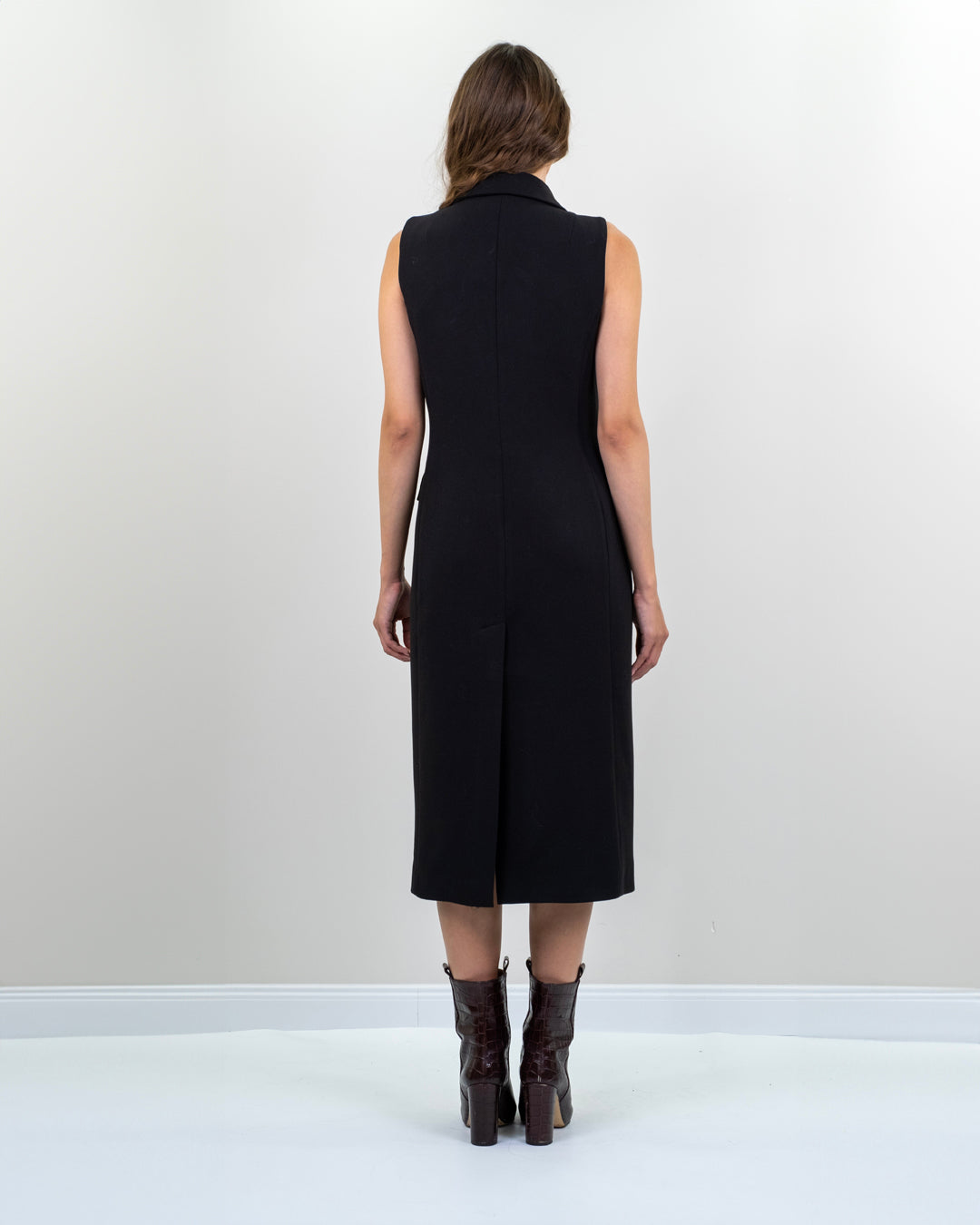 Kruvaze Yaka Düğme Detaylı Uzun Yelek