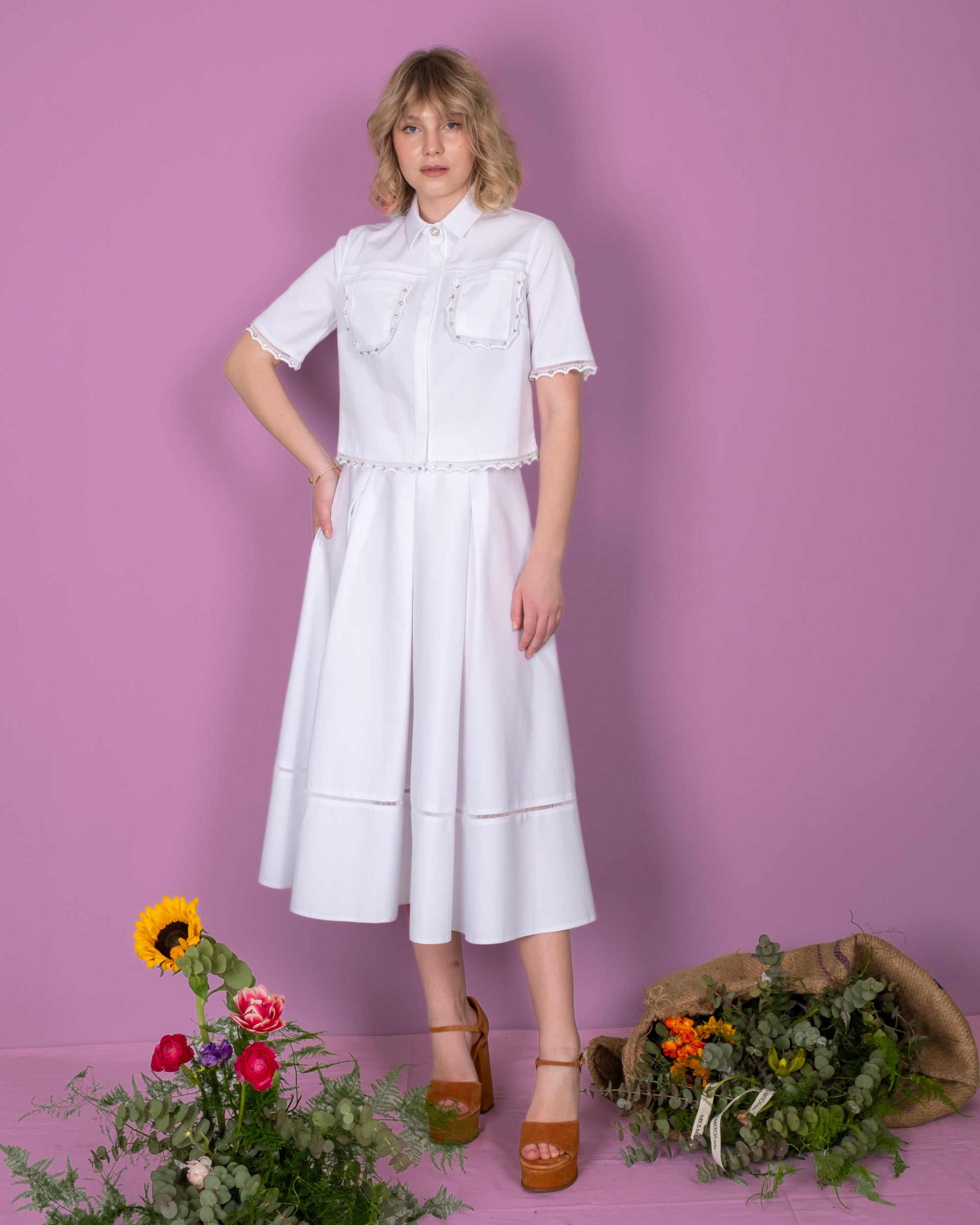 Shirt Collar Blouse with Stone Detailed Pockets - Skirt Set