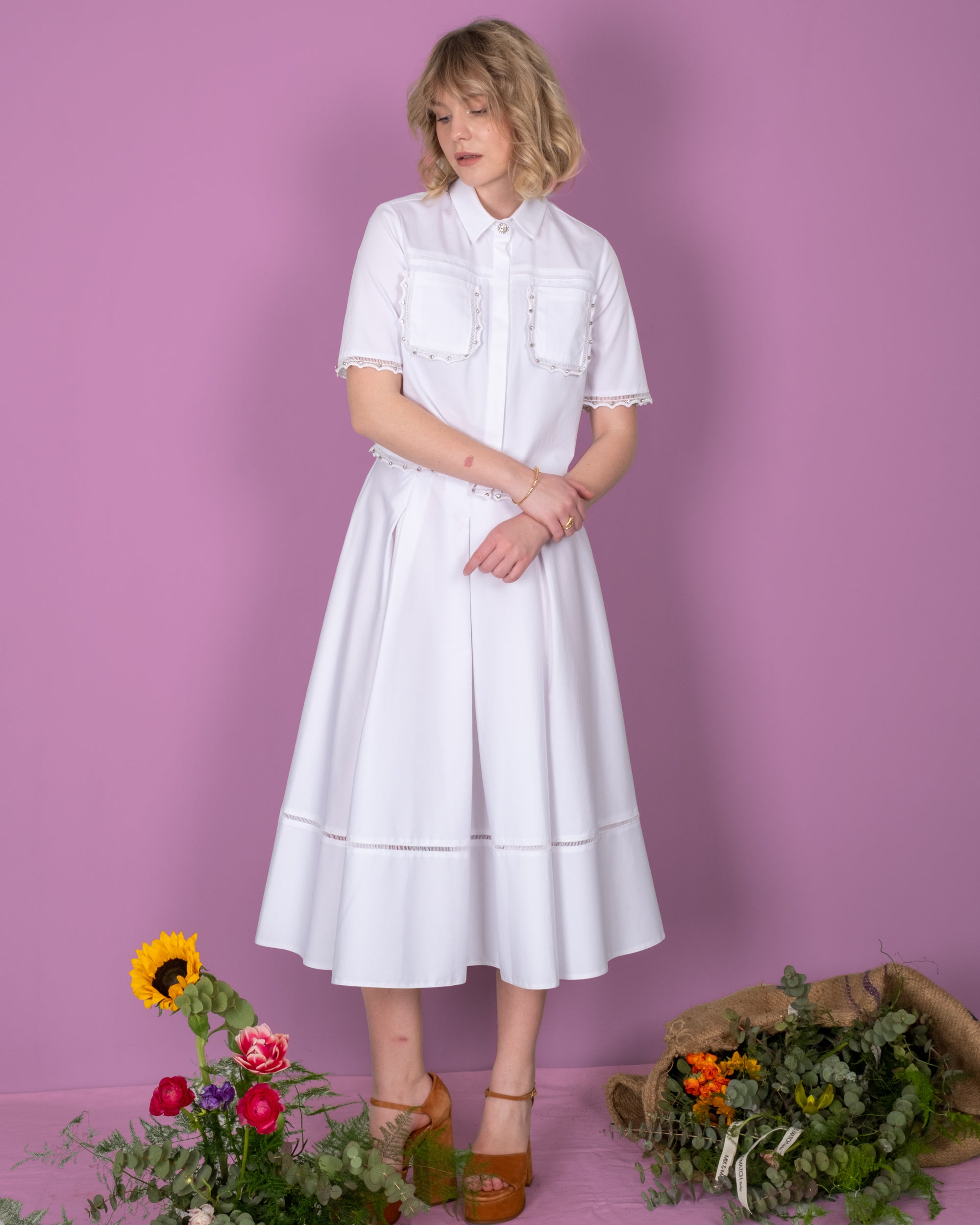 Shirt Collar Blouse with Stone Detailed Pockets - Skirt Set
