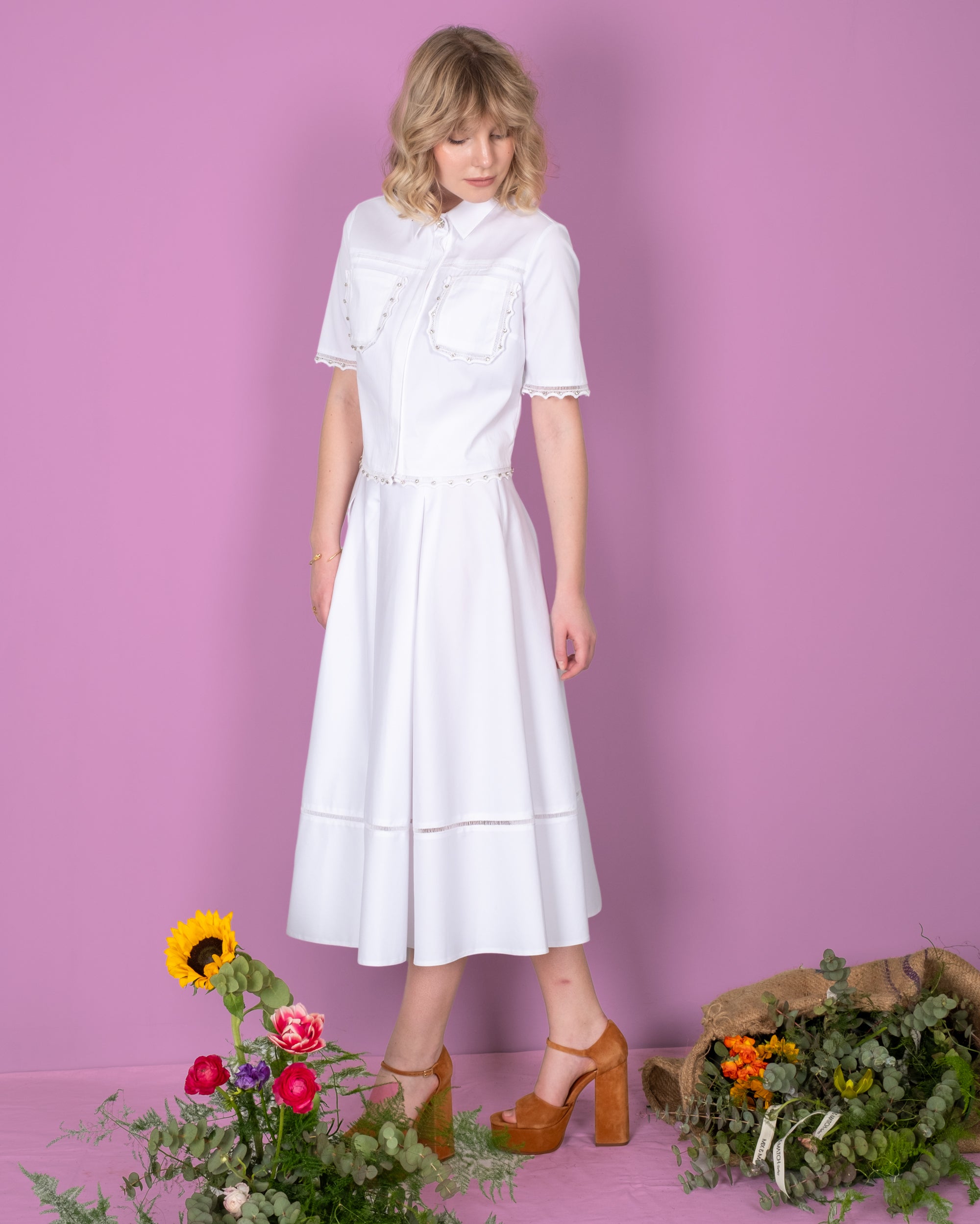 Shirt Collar Blouse with Stone Detailed Pockets - Skirt Set