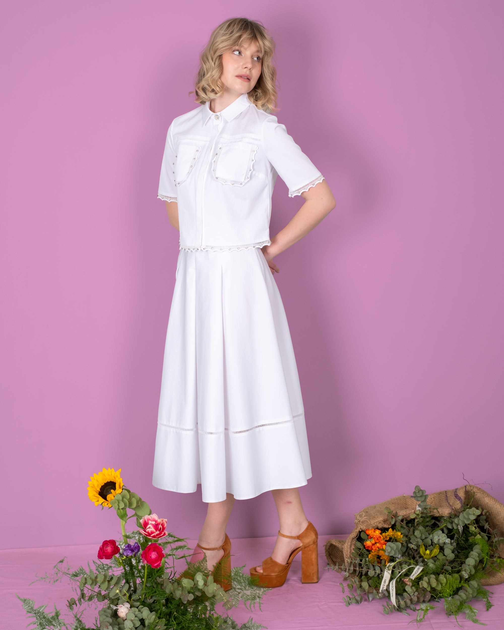 Shirt Collar Blouse with Stone Detailed Pockets - Skirt Set