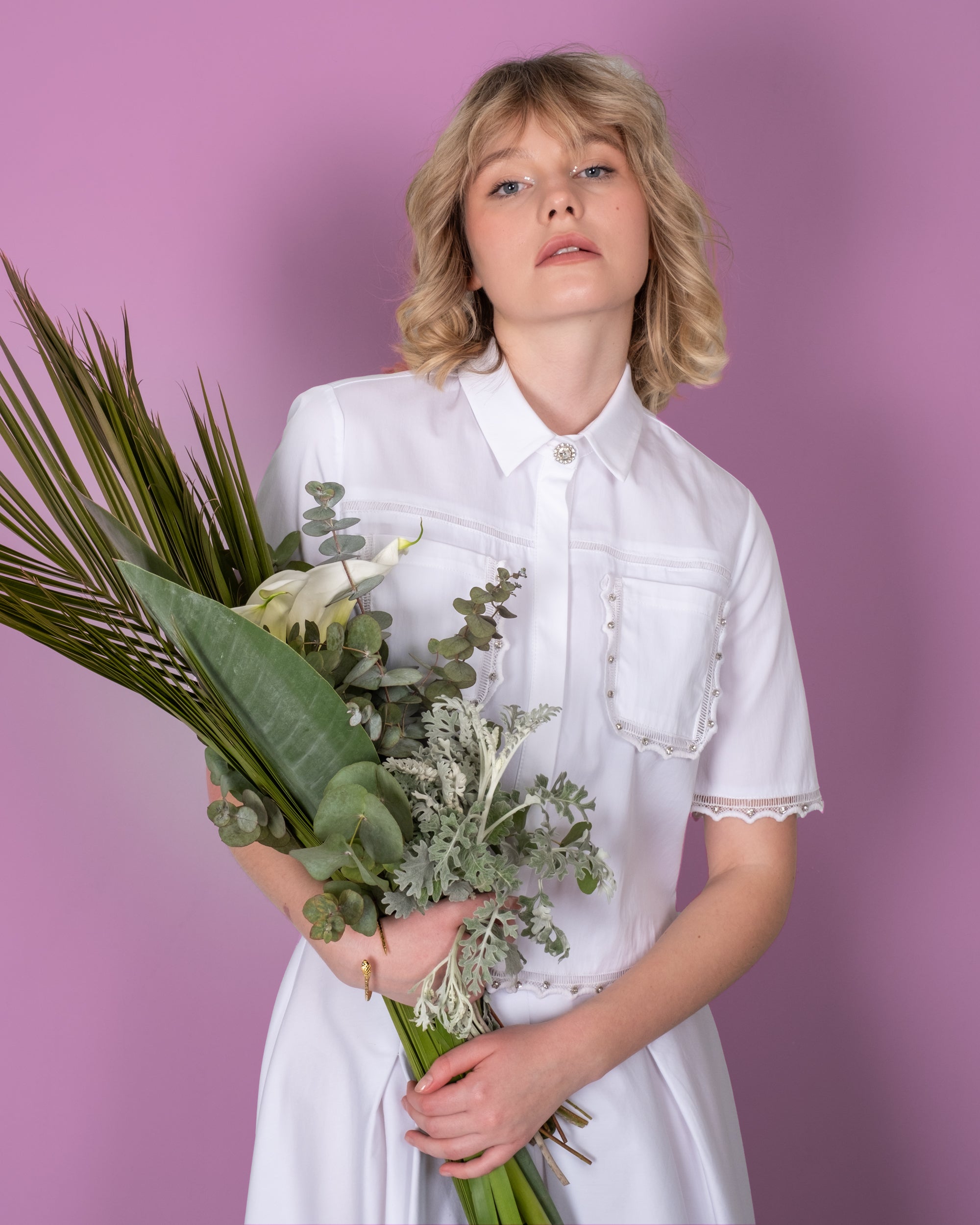 Shirt Collar Blouse with Stone Detailed Pockets - Skirt Set