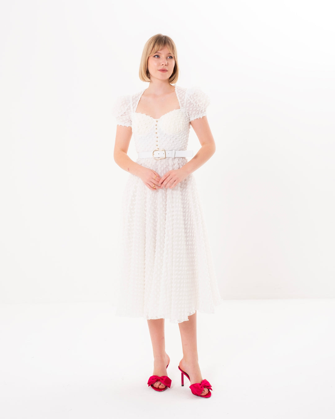 Göğüs Kaplı, Önü Düğme Detaylı, Balon Kollu, Astarlı Elbise