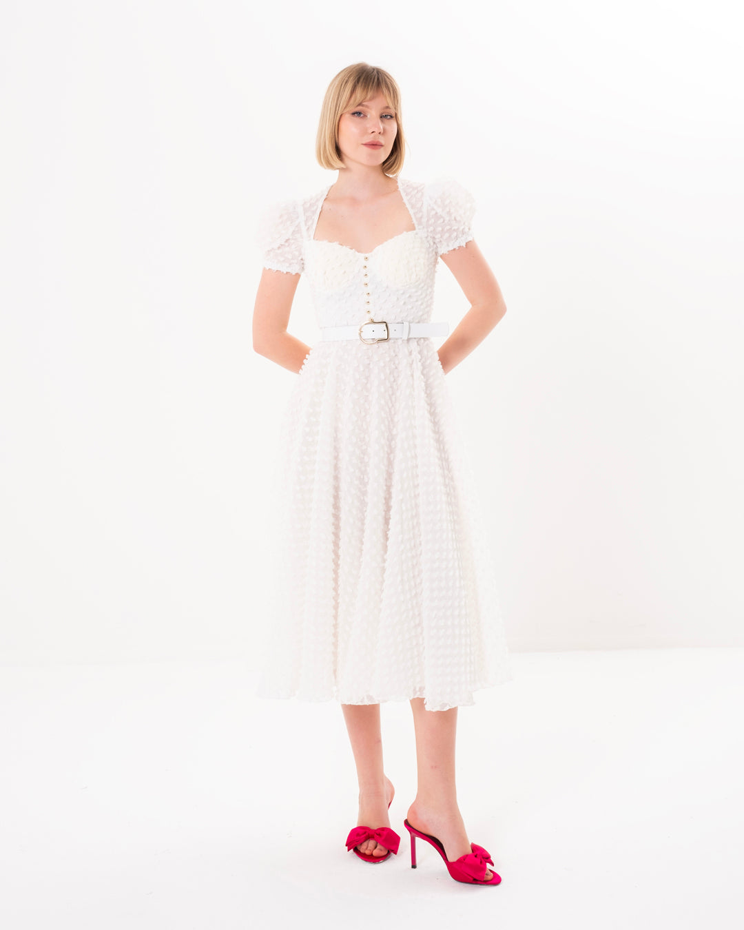 Göğüs Kaplı, Önü Düğme Detaylı, Balon Kollu, Astarlı Elbise