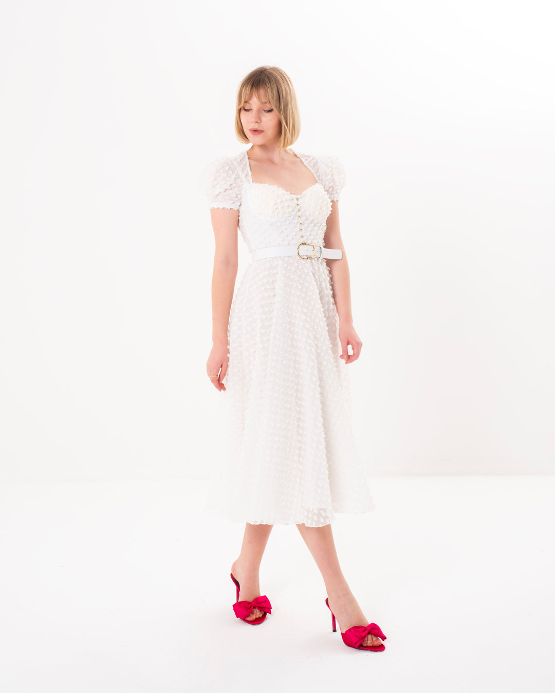 Göğüs Kaplı, Önü Düğme Detaylı, Balon Kollu, Astarlı Elbise