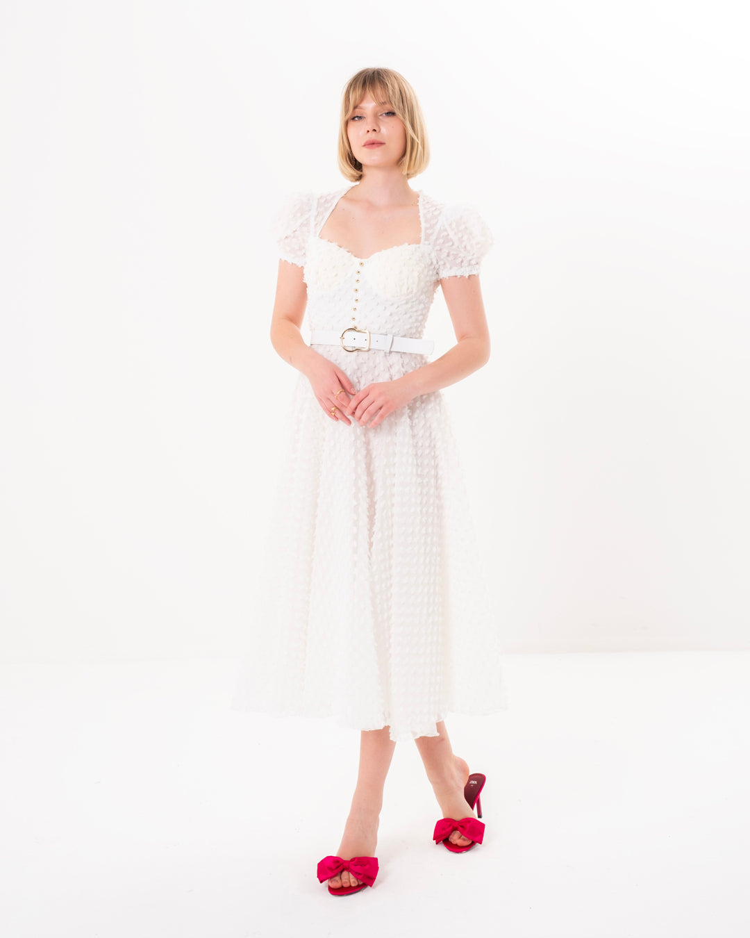 Göğüs Kaplı, Önü Düğme Detaylı, Balon Kollu, Astarlı Elbise