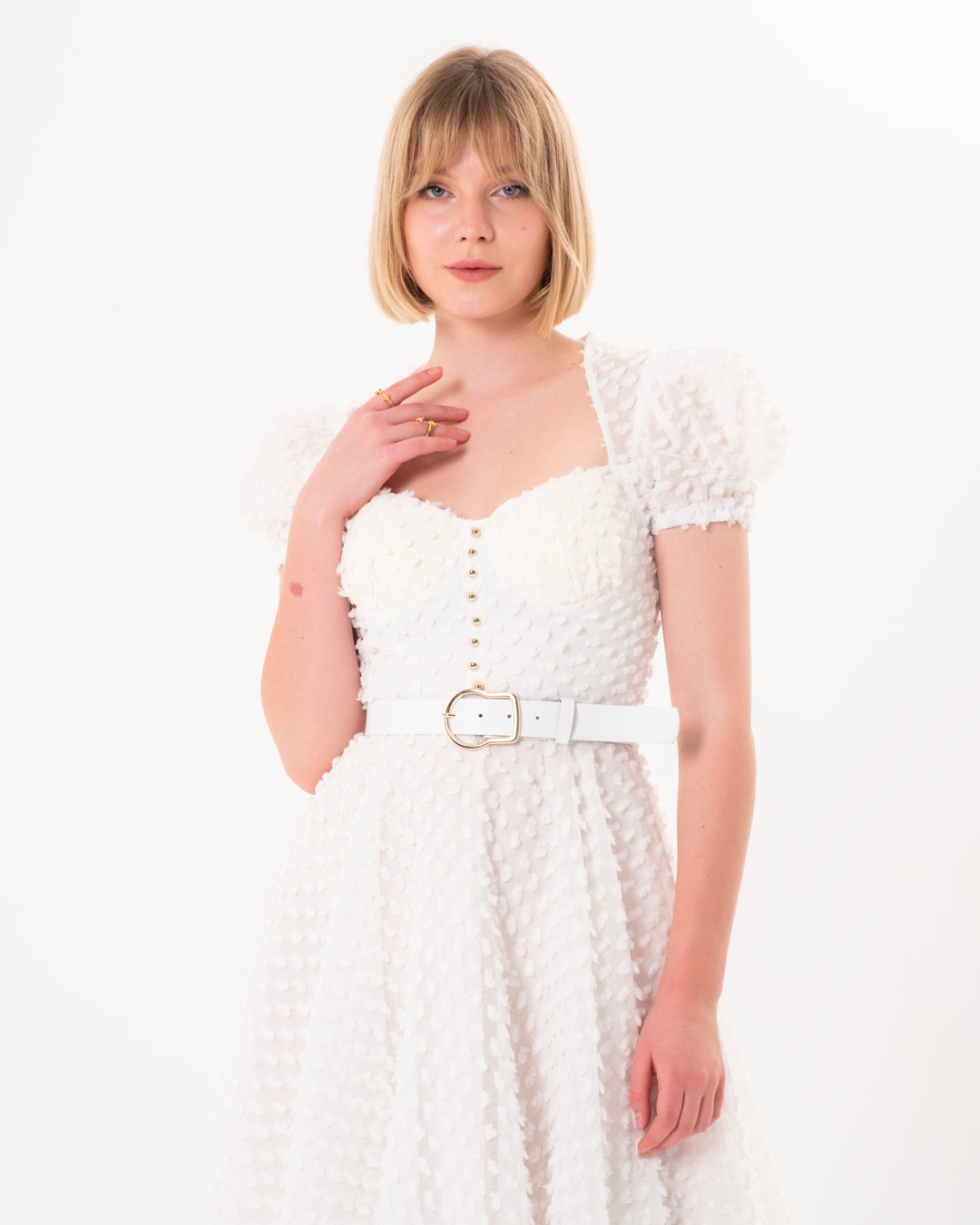 Göğüs Kaplı, Önü Düğme Detaylı, Balon Kollu, Astarlı Elbise