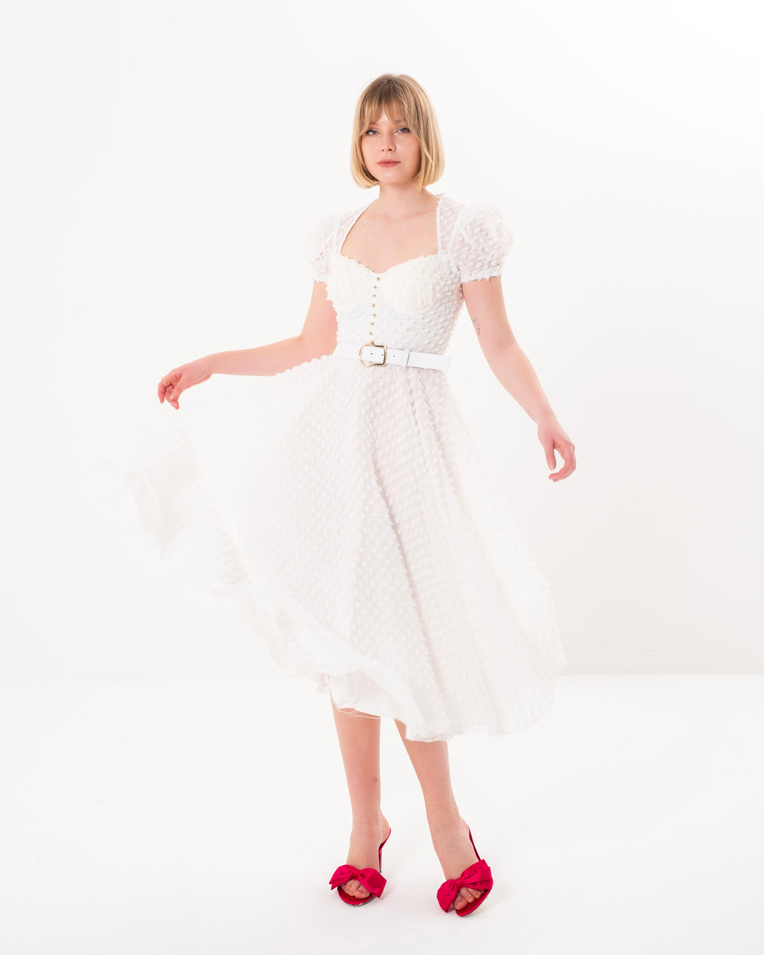 Göğüs Kaplı, Önü Düğme Detaylı, Balon Kollu, Astarlı Elbise