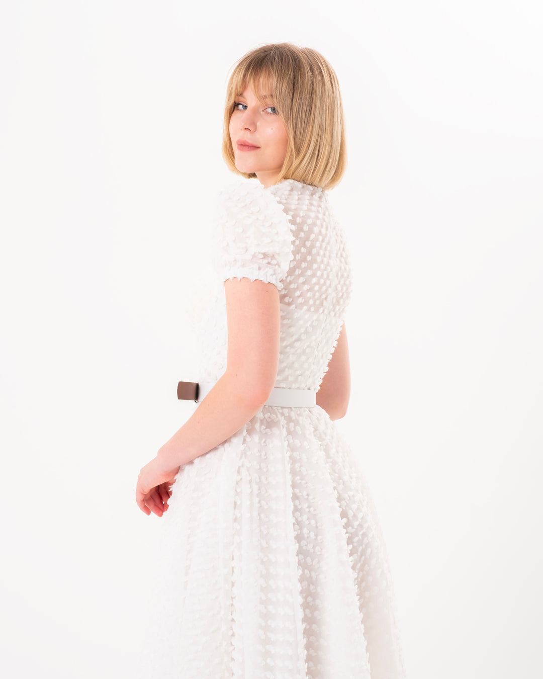 Göğüs Kaplı, Önü Düğme Detaylı, Balon Kollu, Astarlı Elbise