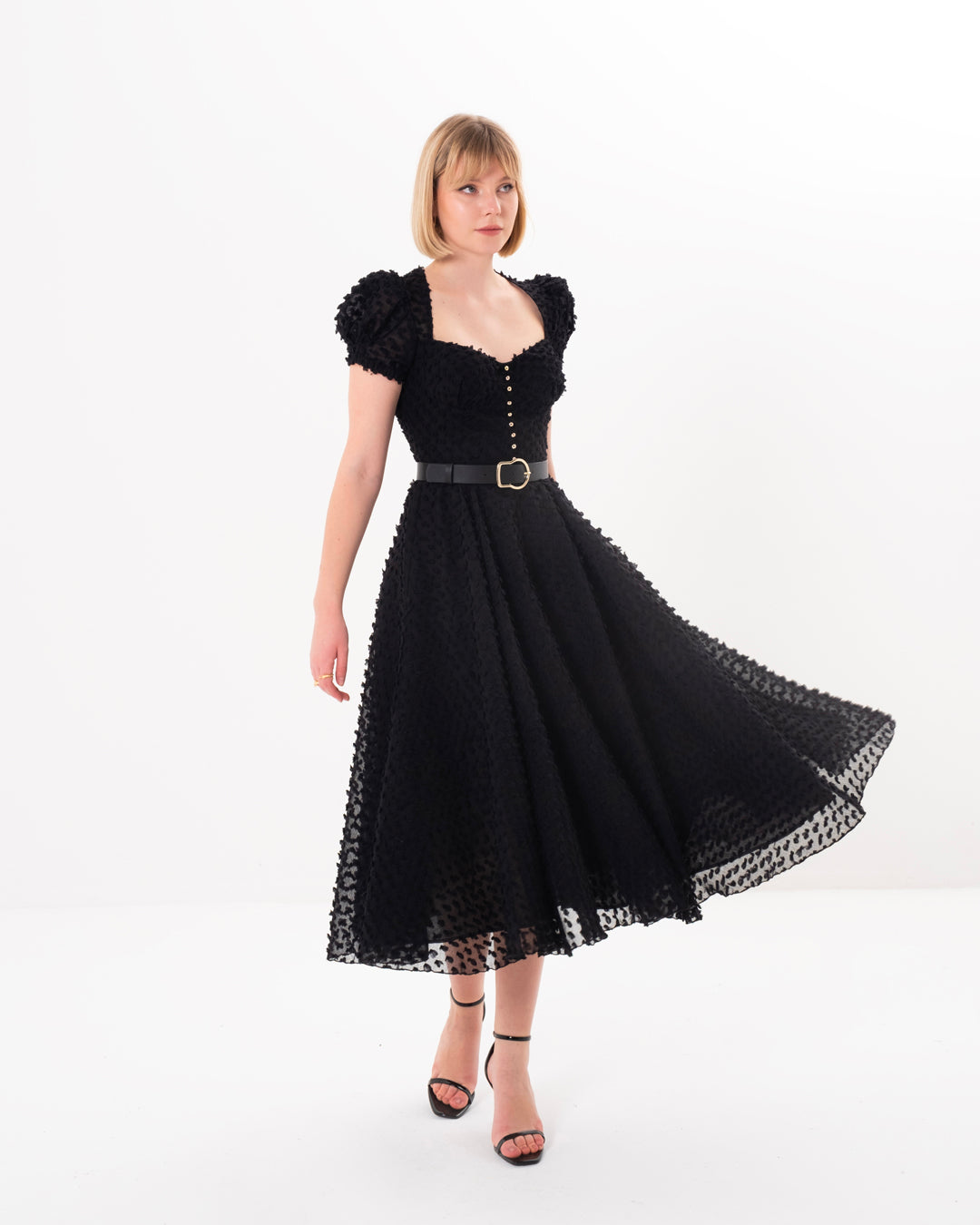 Göğüs Kaplı, Önü Düğme Detaylı, Balon Kollu, Astarlı Elbise