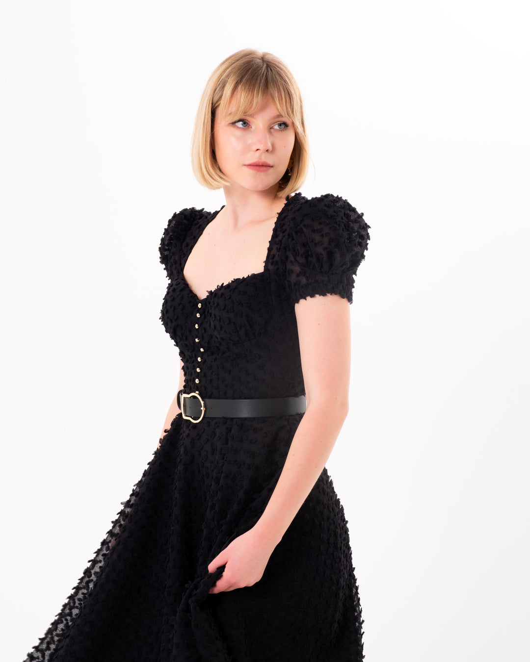 Göğüs Kaplı, Önü Düğme Detaylı, Balon Kollu, Astarlı Elbise