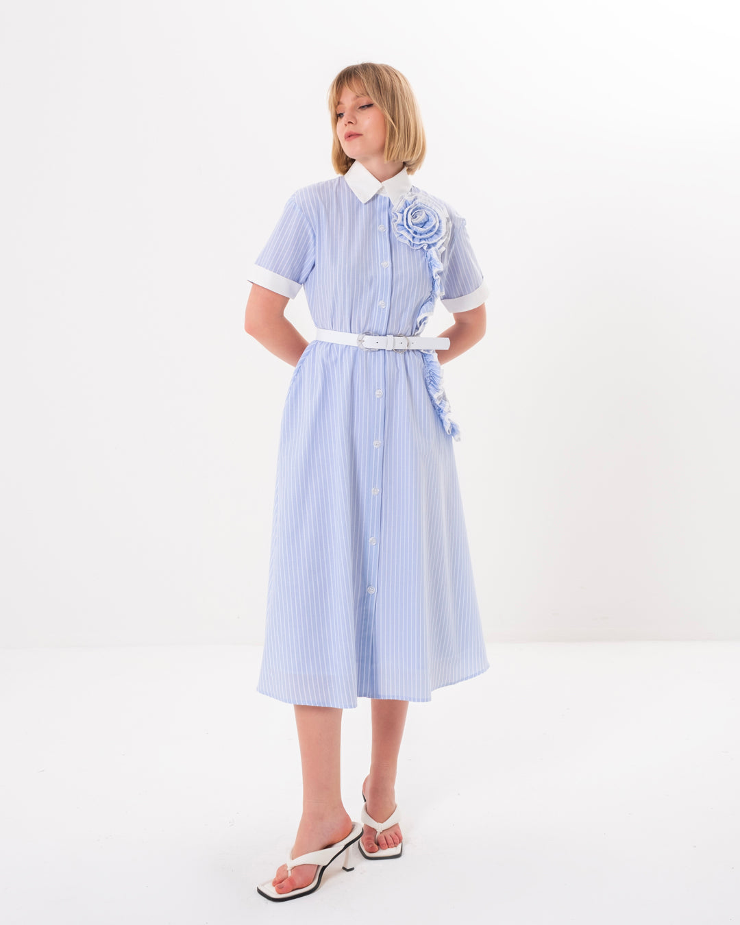 Shirt Collar Buttoned Front Elastic Waist Lined Inside Dress