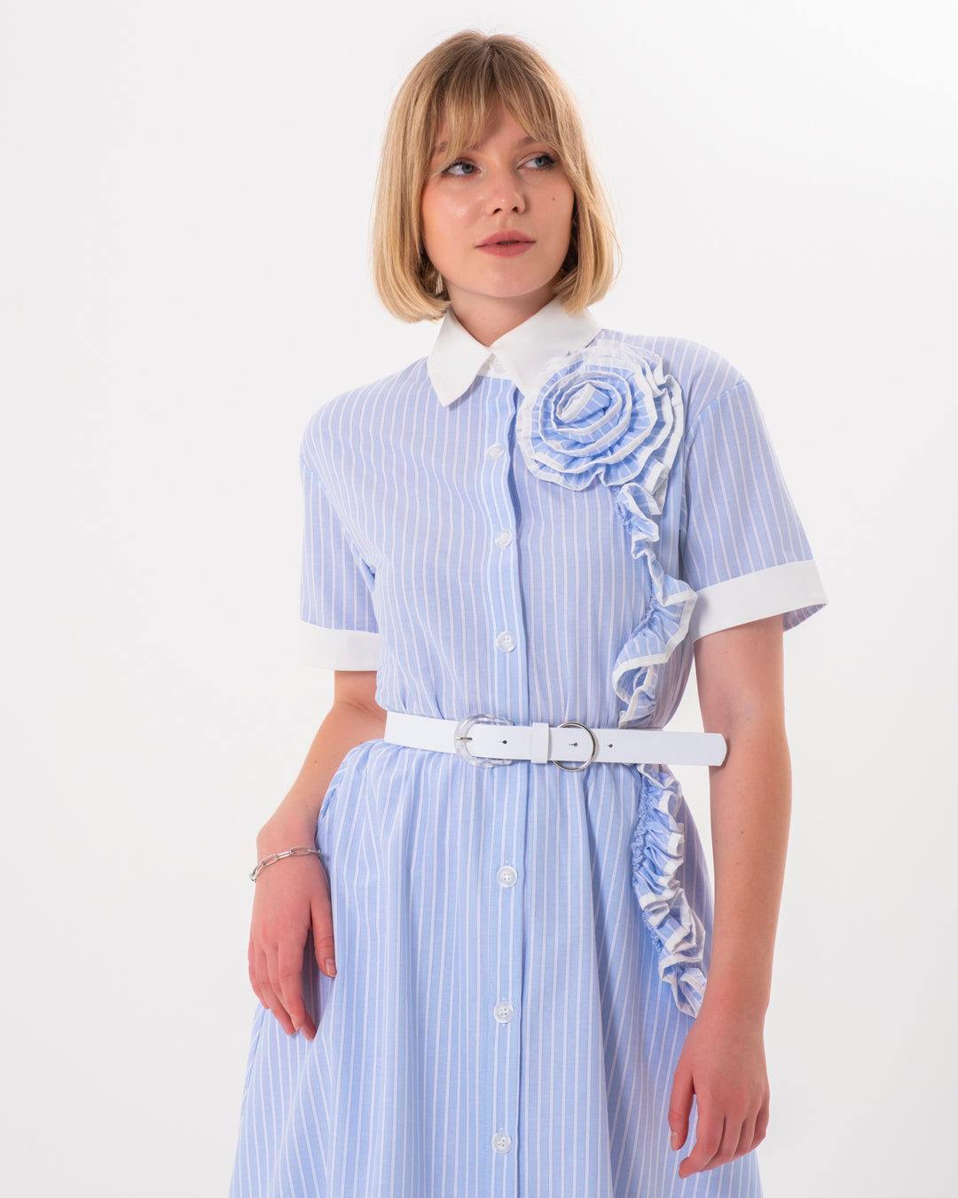 Shirt Collar Buttoned Front Elastic Waist Lined Inside Dress