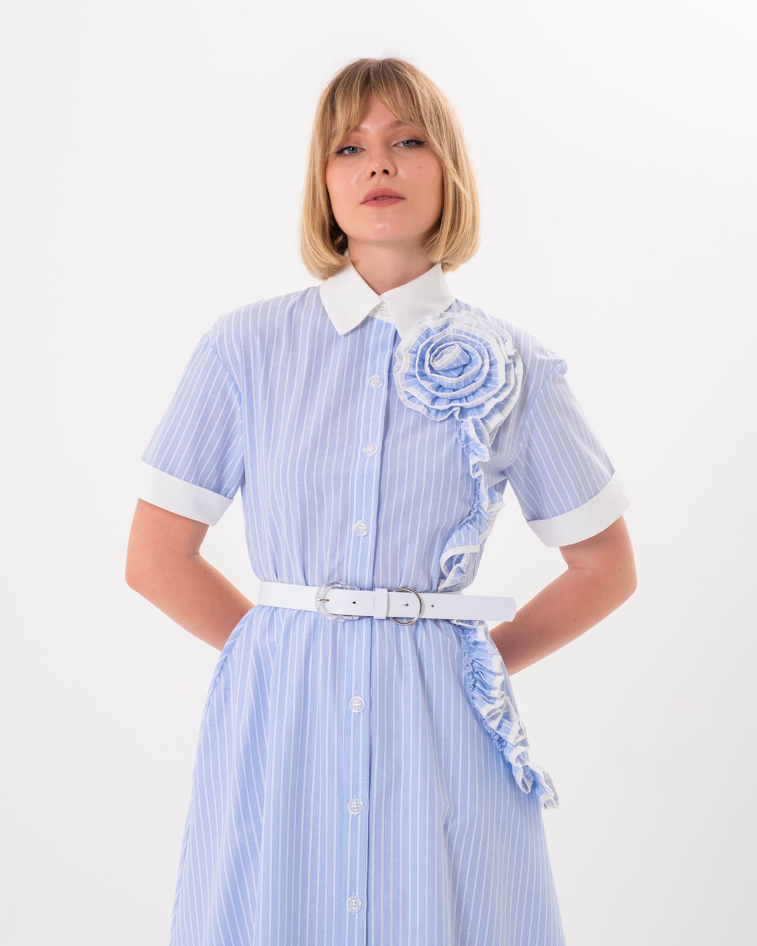 Shirt Collar Buttoned Front Elastic Waist Lined Inside Dress