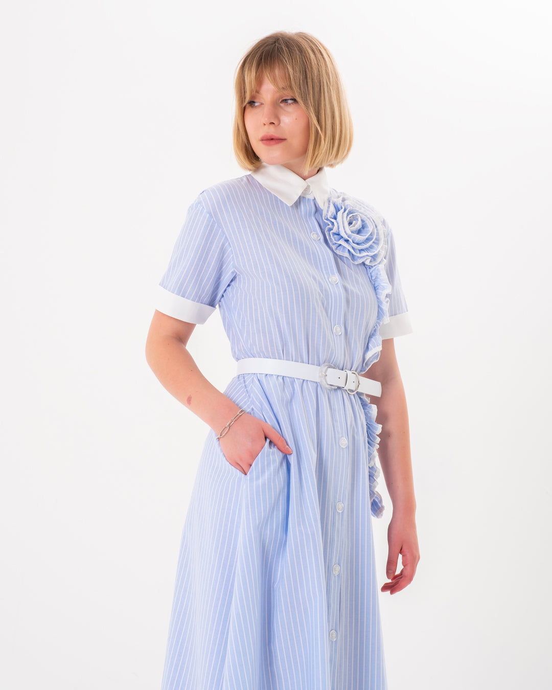 Shirt Collar Buttoned Front Elastic Waist Lined Inside Dress
