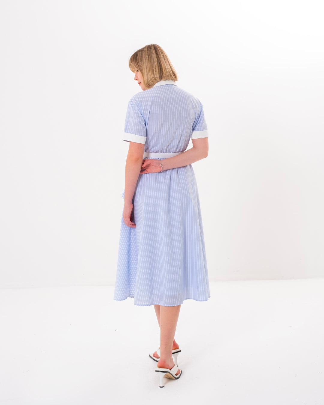 Shirt Collar Buttoned Front Elastic Waist Lined Inside Dress
