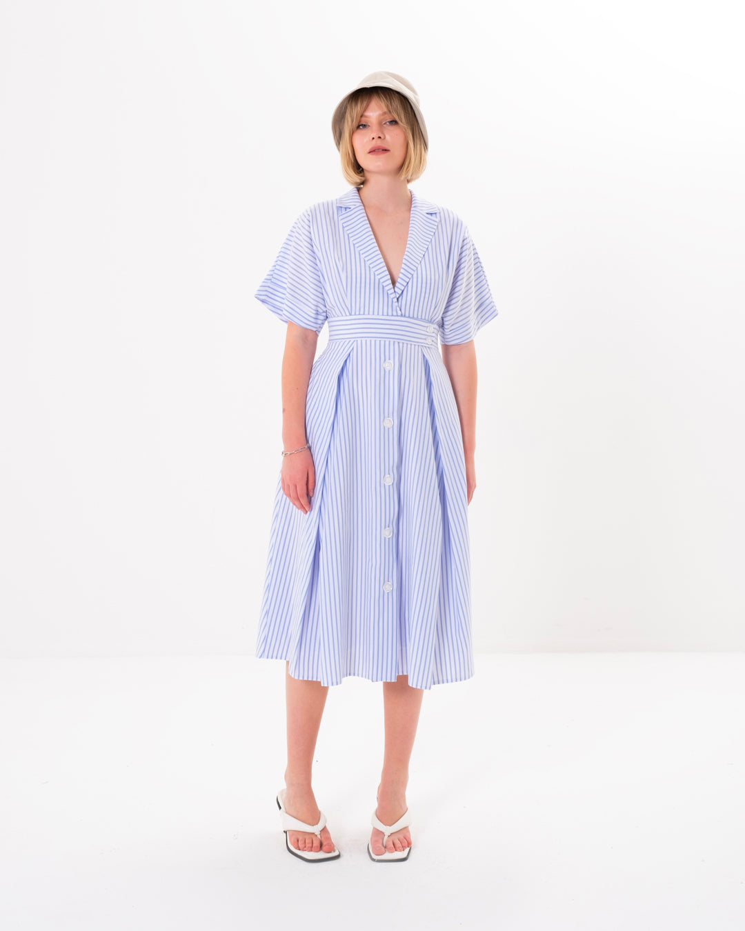 Button Detailed Front Lined Striped Dress