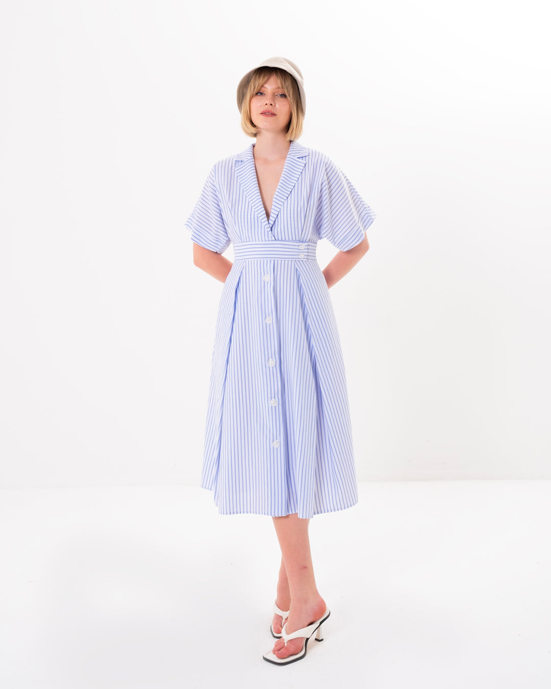 Button Detailed Front Lined Striped Dress