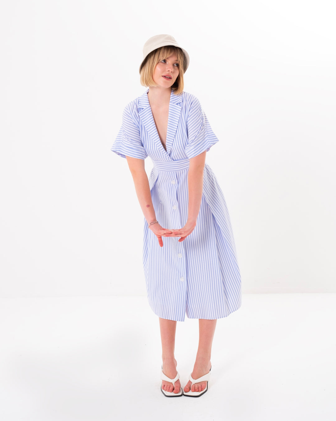 Button Detailed Front Lined Striped Dress