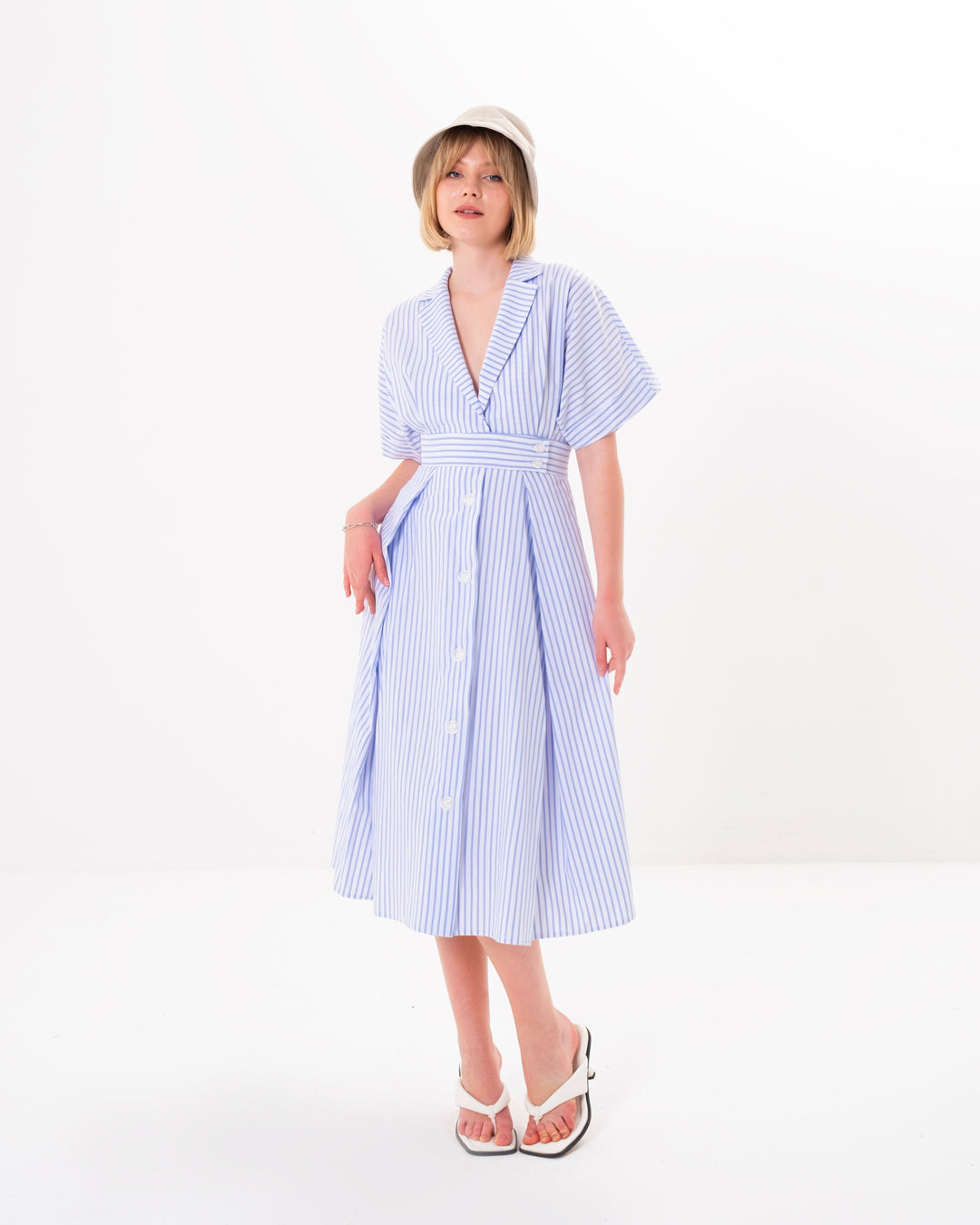 Button Detailed Front Lined Striped Dress
