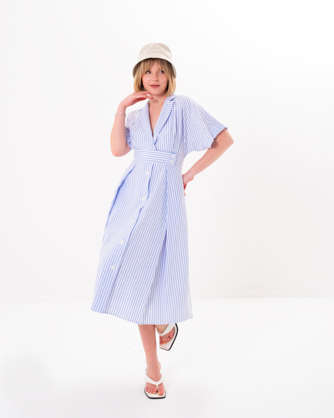 Button Detailed Front Lined Striped Dress