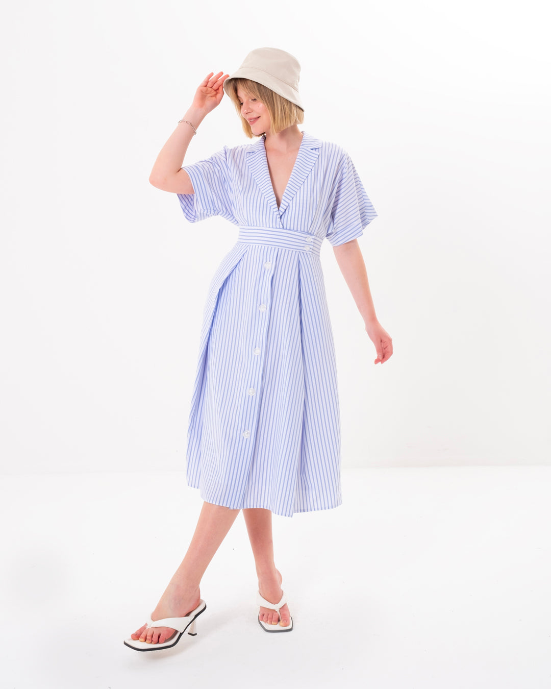 Button Detailed Front Lined Striped Dress