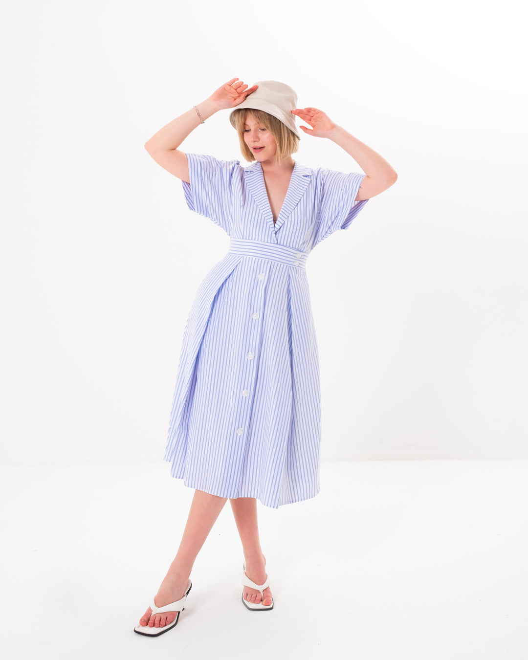 Button Detailed Front Lined Striped Dress